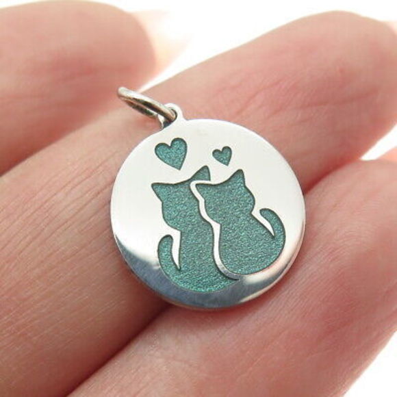 Jewelry - 925 Sterling Silver Green Enamel Cat Couple Minimalist Round Tag Charm Pendant